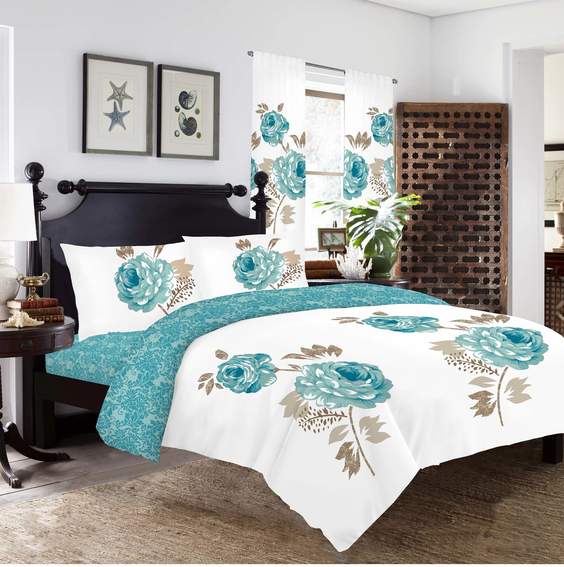 JRI 4 Piece Qaisiria Lisa Teal White Duvet Cover Bedding Set Plain Luxury Set Include (1xDuvet Cover, 1xFitted Sheet, 2x Pillow Case)-Super King - (Same Day Dispatch)