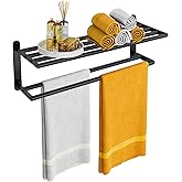 Double Towel Racks for Bathroom, Towel Shelf with Double Towel Bar 24 inch, Towel Rack with Shelf for Bathroom, Stainless Steel Towel Holder Wall Mounted, Towel Storage for Bathroom Lavatory Black