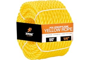 Yellow Twisted Polypropylene Rope - 1/4" Floating Poly Pro Cord 50 Ft - Resistant to Oil, Moisture, Marine Growth and Chemicals - Reduced Slip, Easy Knot, Flexible - by Xpose Safety