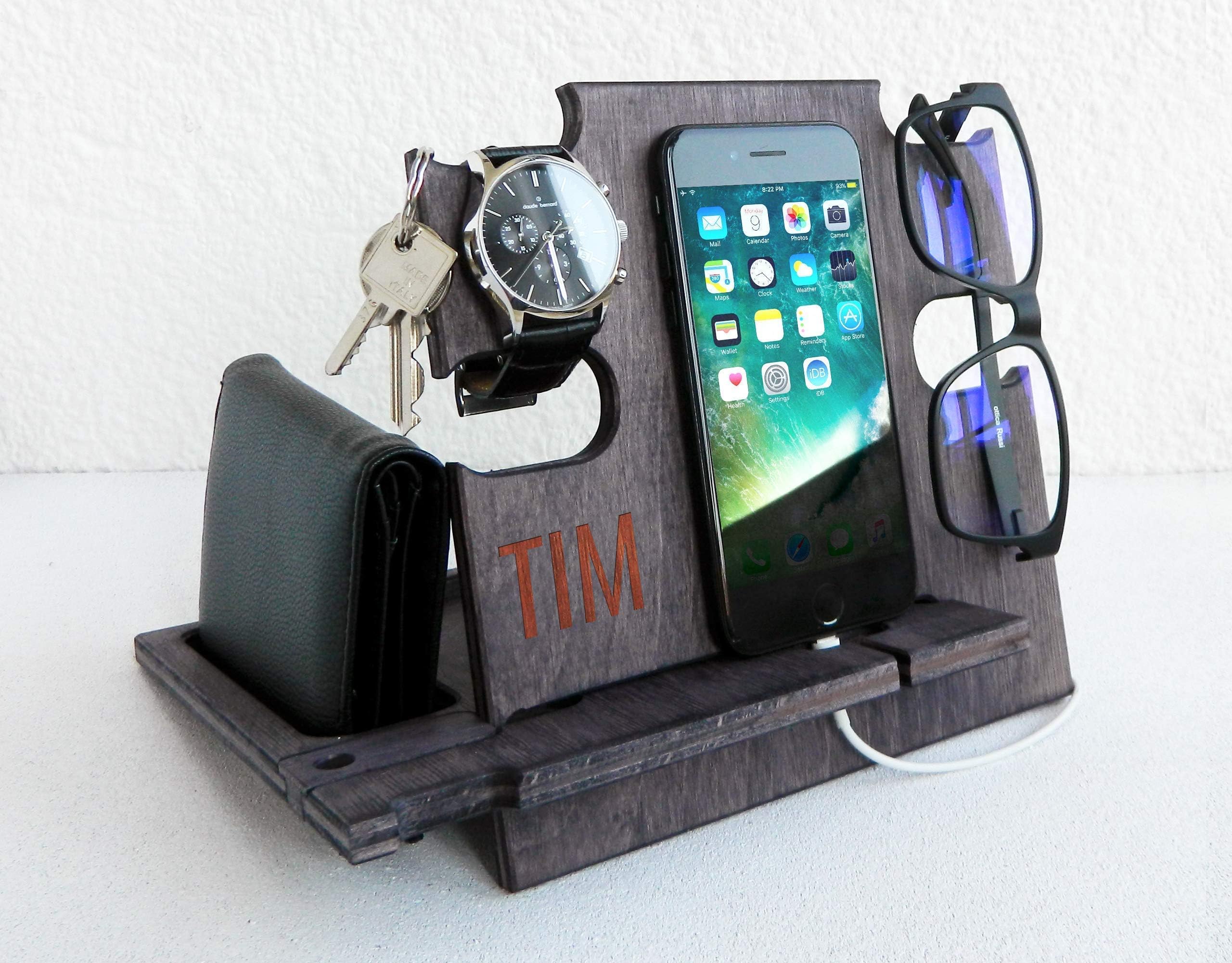 Gift for Him, Engraved Docking Station, Phone Dock - Desk Organizer, Smartphone Stand, Personalized Gift for Men, Gift for Dad (Slate Grey)