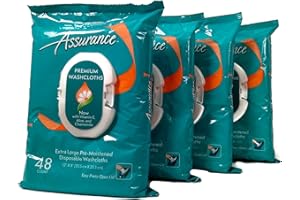 Assurance Premium Pre-moistened Disposable Washcloths, Extra Large, 48ct, Multipack of 4 (192 Wipes Total)