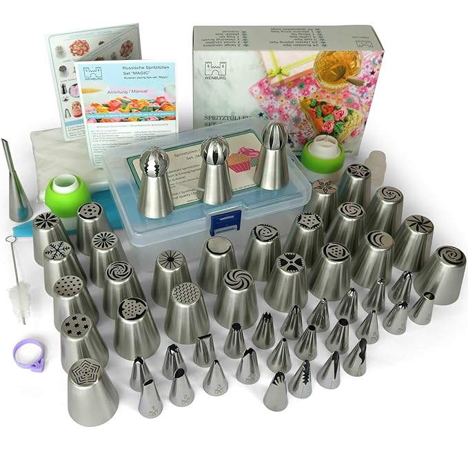Wenburg Russische Edelstahl Spritztüllen Set: 25 große Tüllen, 4 Kleine (inkl. Blätter-Aufsätze), 3 Adapter, 1 Silikon und 30