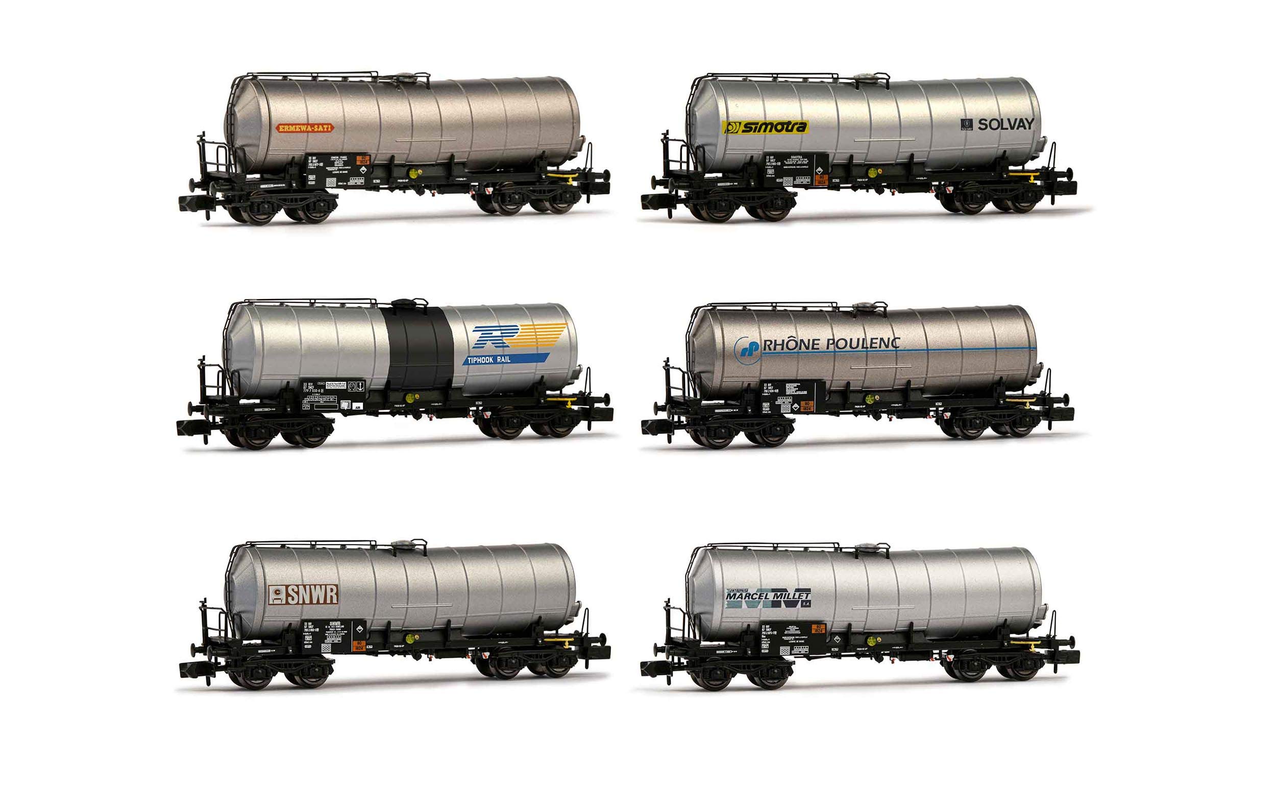 ARNOLD HN6397 SNCF, 6-Unit Display 4-Axle Isolated Tank Wagons, Different Liveries, Period IV-V Rolling Stock