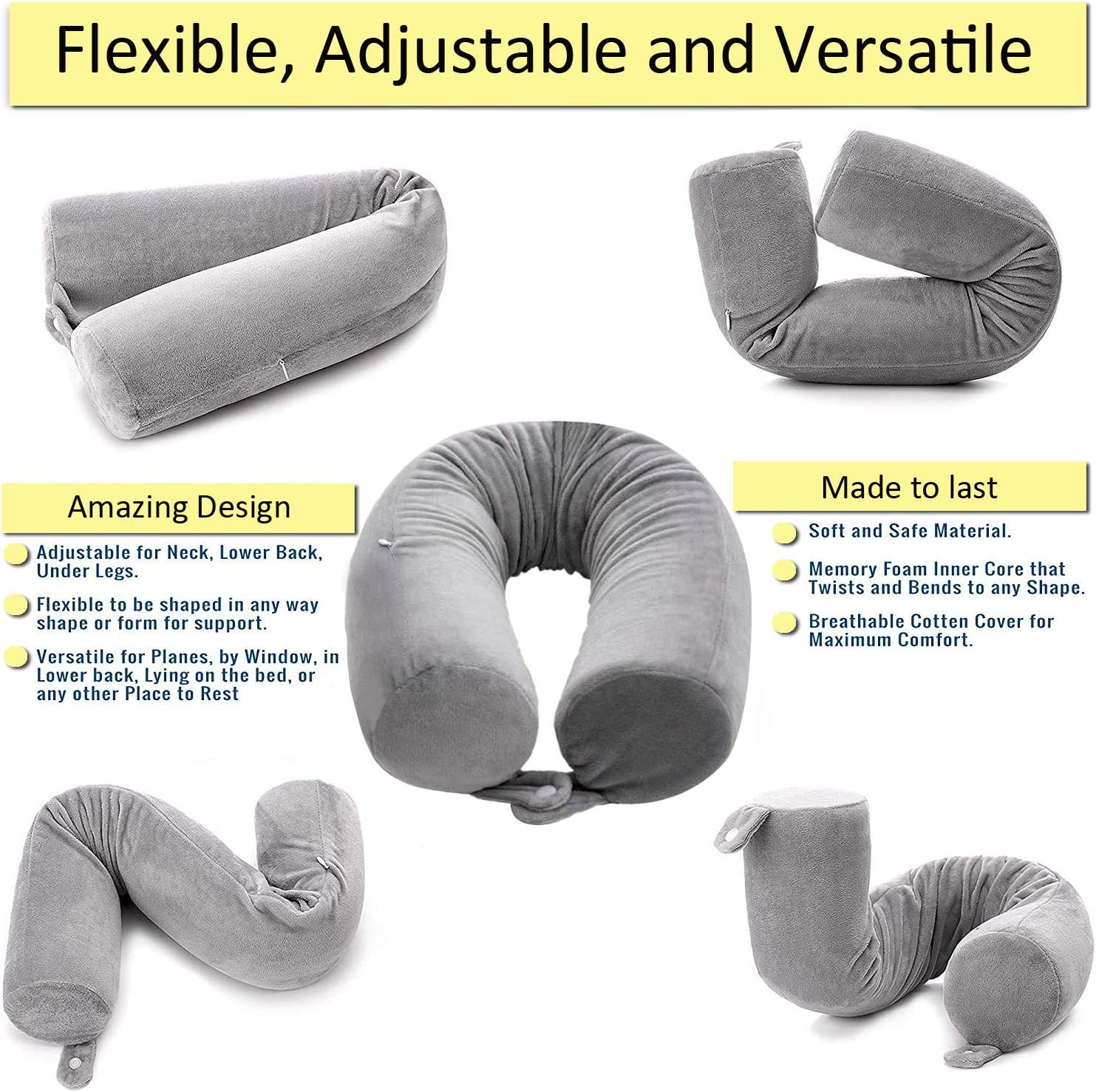 ZOYLEE Twist Memory Foam Travel Pillow Neck,Chin,Shoulder,Lumbar and Leg Support for Adult Airplane Traveling Pillow (Grey): Kitchen & Dining
