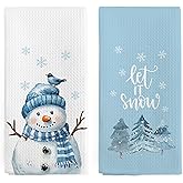 nvucamd Blue Christmas Snowman Decor Kitchen Towels Set of 2, Winter Christmas Hand Towels for Bathroom, Blue Winter Xmas Tree Snowman Bird Dish Tea Towel for Kitchen, 16x24 Inch