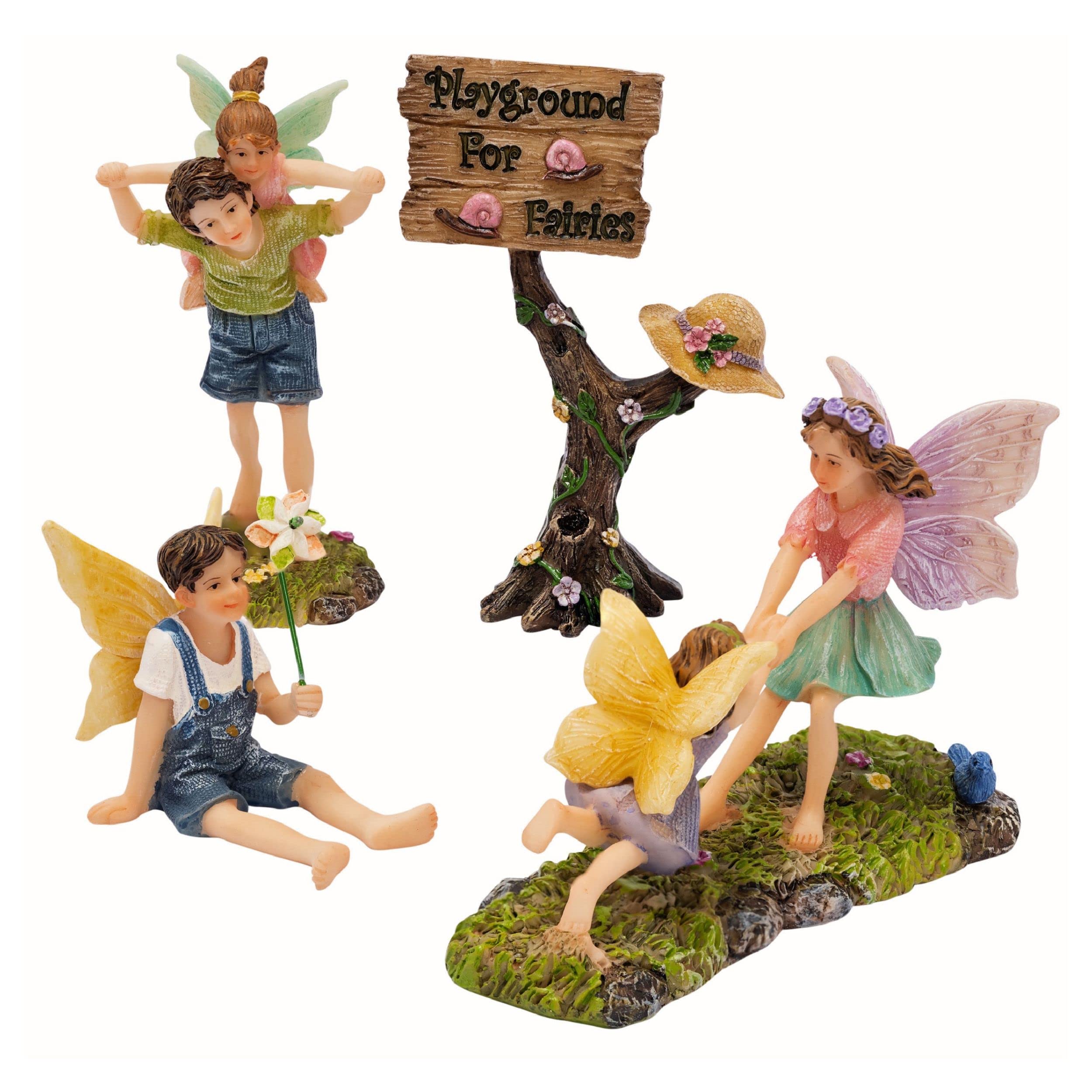 PRETMANNS Fairies for Fairy Garden - Accessories Kit for Indoor Outdoor Miniature Garden – Boy & Girl Figurines with a cute Sign – A 4-piece colorful Playground Set