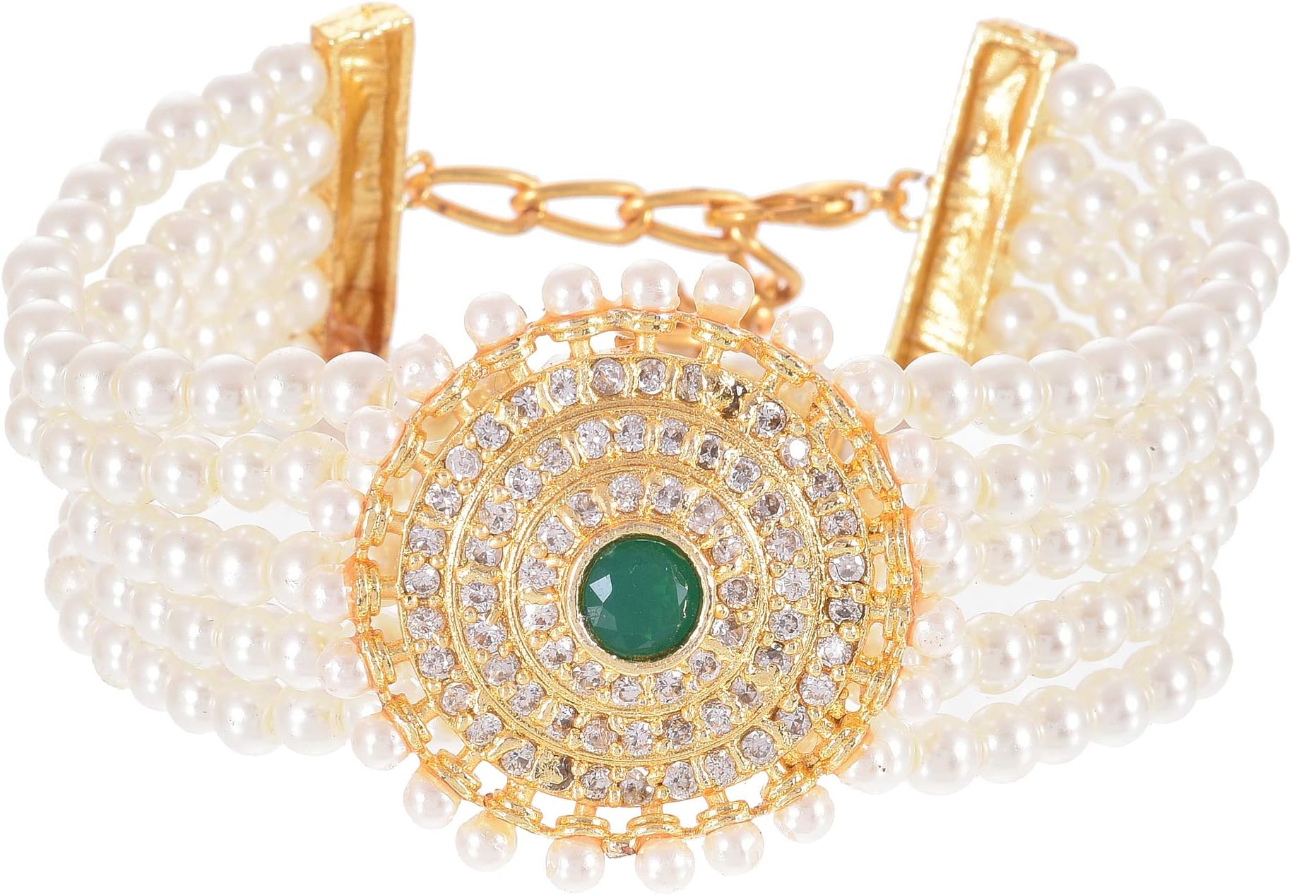 Pebblon Kundan Gold Plated American Diamond Analog Rectangular Dial with Adjustable Chain Bracelet Watch for Women/Girls- 1pc Set