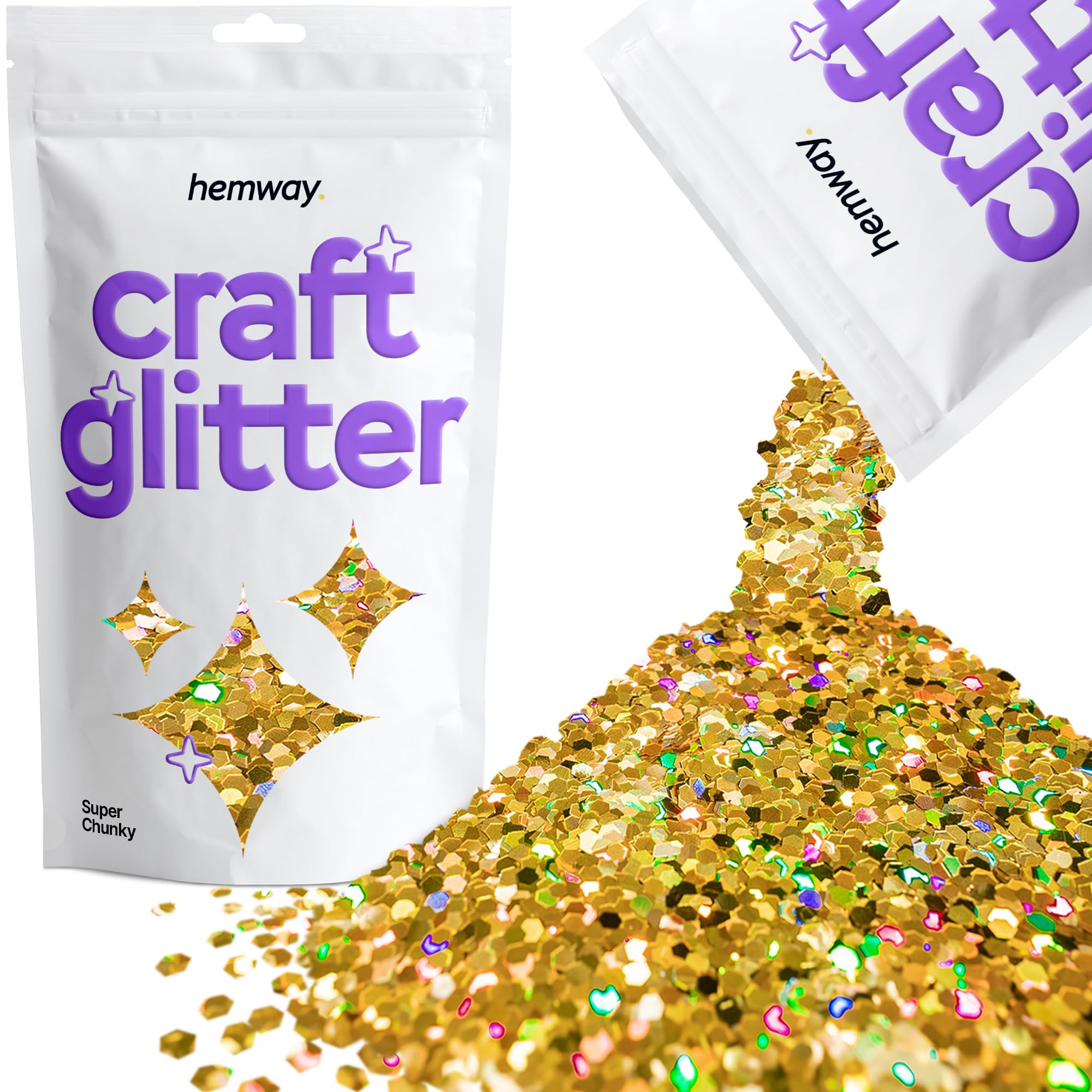 Hemway Craft Glitter Gold Holographic 100g Super Chunky Glitter for Crafts, Resin, Cosmetic, Nail, Face, Body, Festival, Tumblers, Art, Candle, Crafting
