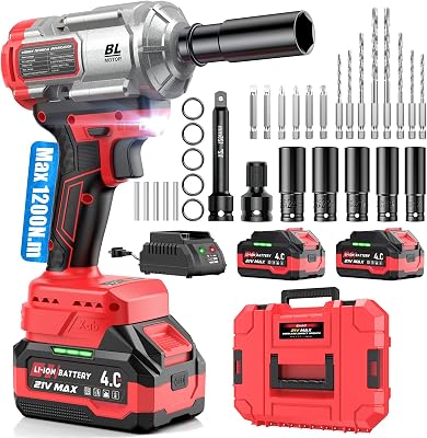 Clé à chocs sans fil 1200 Nm 3-en-1 / Visseuse à Chocs/Perceuse à Chocs – Couple Élevé 1/2" avec Moteur Brushless, 2× Batteries 4.0Ah, Douilles, Forets & Embouts – Idéal Auto, DIY & Travaux