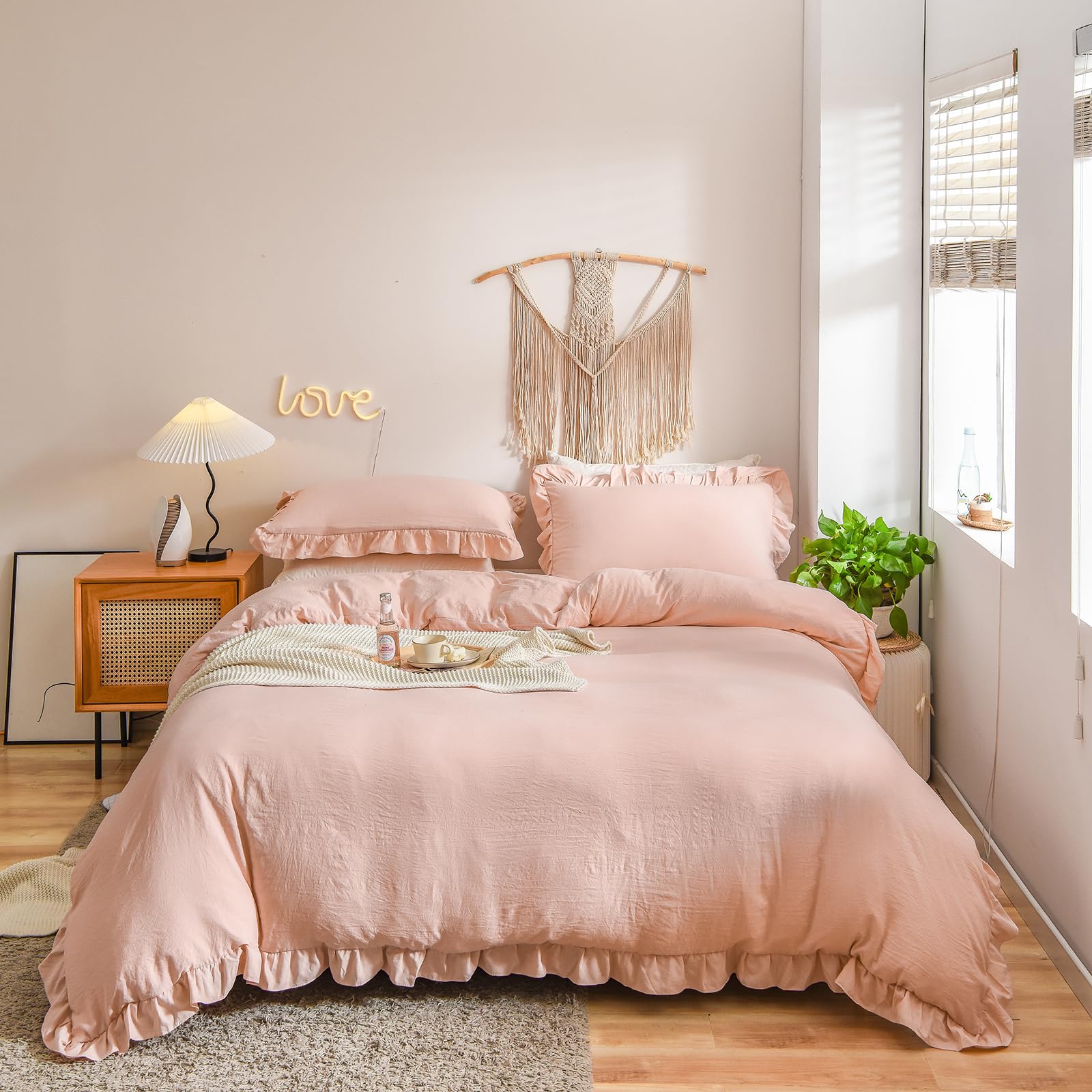 Herside Pink Duvet Cover Set - Double Light Pink Ruffle Bedding - Shabby Chic Ruffled Decor - Soft Girls Bedding Set - Boho Duvet Cover, 2 Pillowcases — image 1