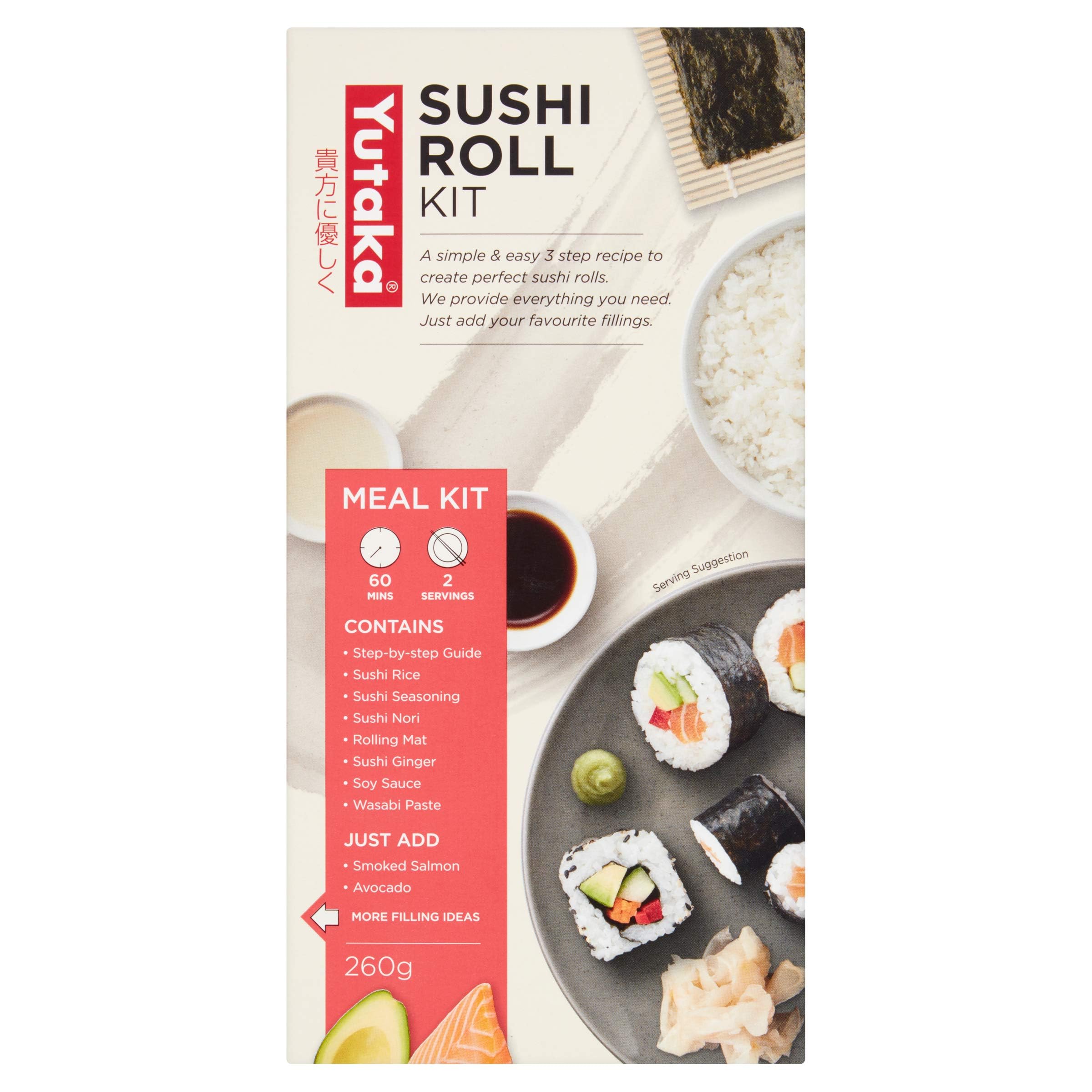 Yutaka Sushi Roll Kit 260 g | Complete DIY Sushi Set for 2 | Includes Rice, Nori, Seasoning, Ginger, Wasabi & Mat