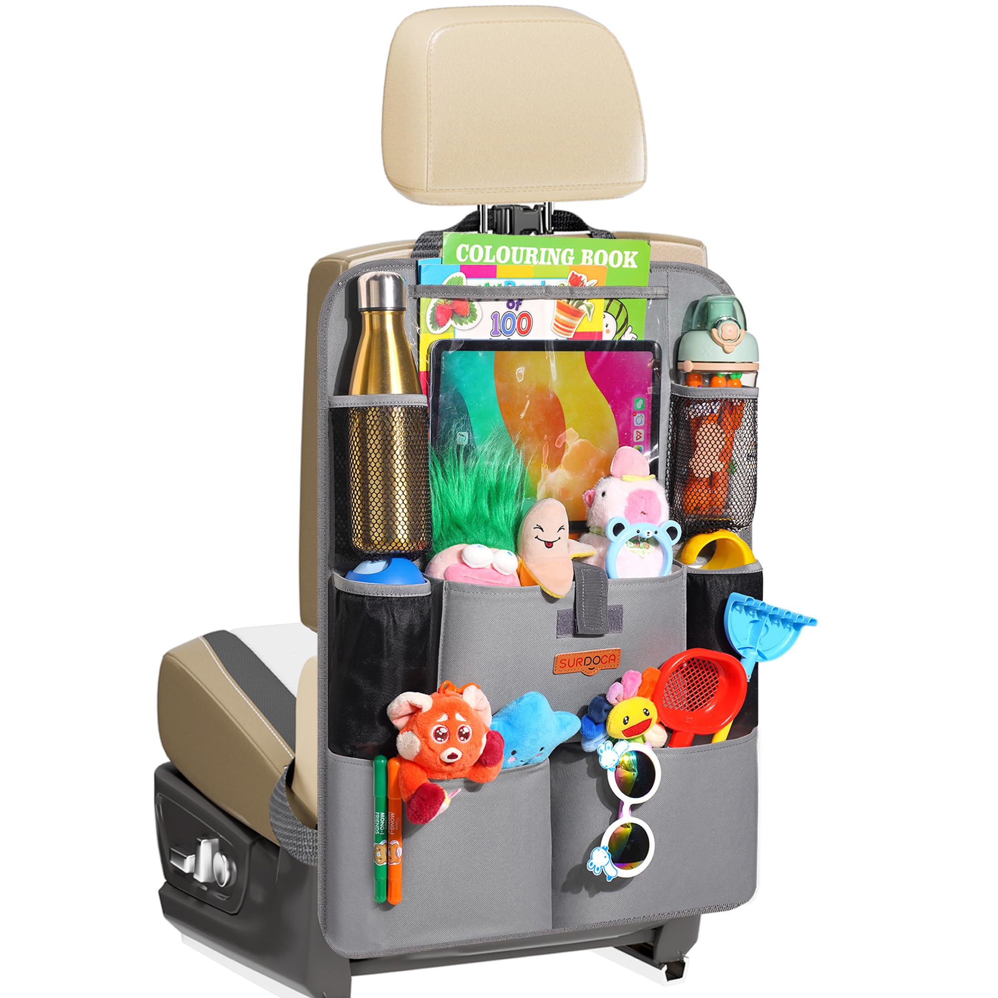 SURDOCA UPGRADED Car Seat Organiser for up to 11-inch Tablet Holder, 8 Pockets, Kids Toy Storage, Water Proof Back Seat Protector for Kids