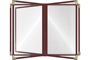 ACI SUPER POWER Burgundy, 25 Pack, 5 Pages / 10 Views - 8.5" x 11", Cafe Style Menu Cover, Side-Loading Double Stitched Edge, Crystal Clear Vinyl Menu Holder with Gold Decorative Corners