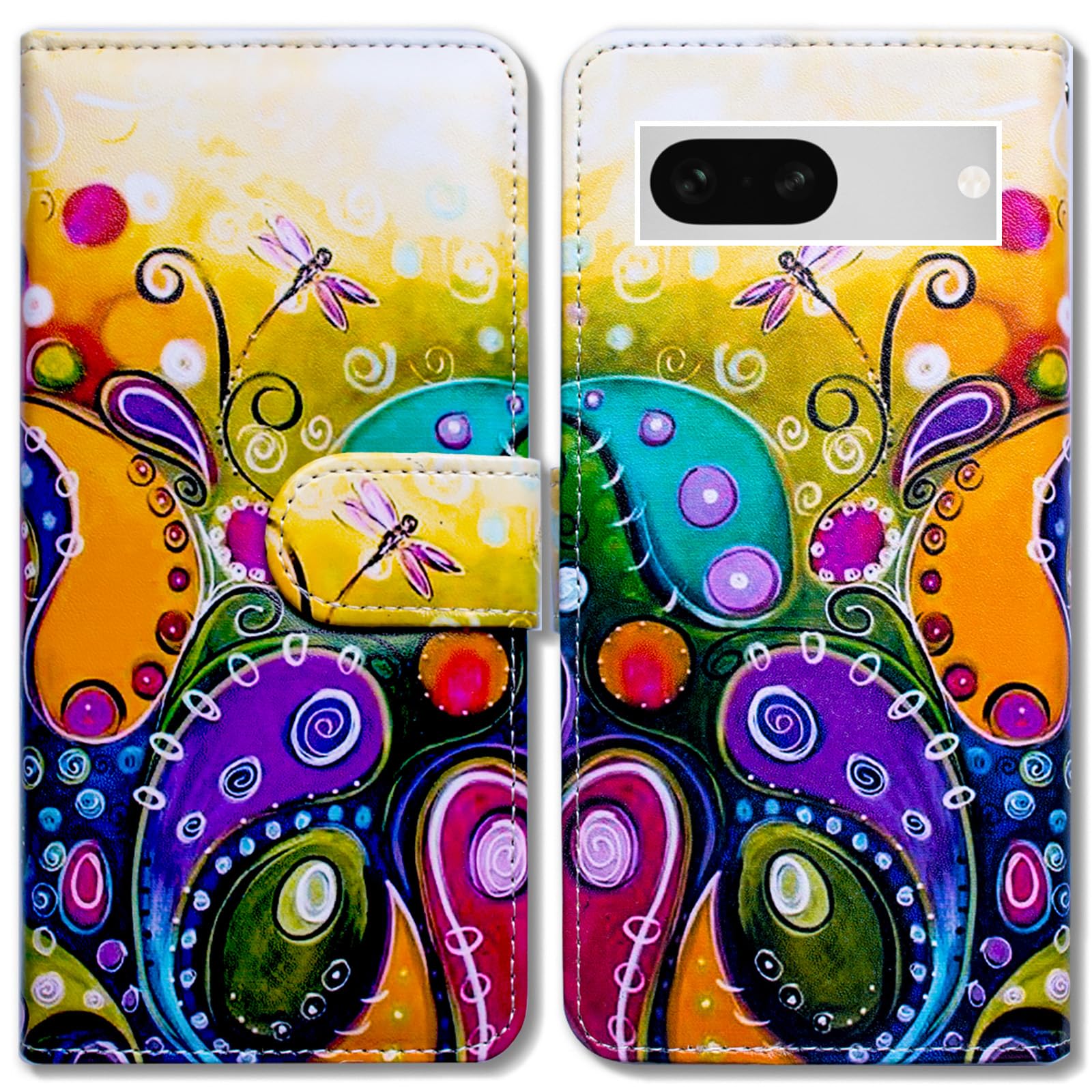 Bcov Case For Pixel 8a,Colorful Dragonfly Leather Flip Phone Case Wallet Cover with Card Slot Holder Kickstand For Google Pixel 8a