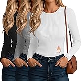 Evervibe 3 Pack Women's Ribbed Long Sleeve Thermal Tops Thin Fleece Lined Crew Neck Shirts Warm Basic Undershirt for Winter