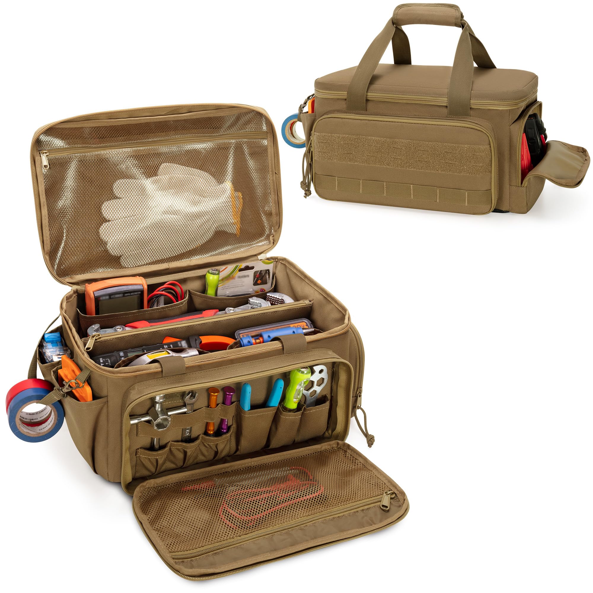Photo 1 of Rexmica 14-Inch Tool Bag with Anti-friction Bottom, Hand Tool Storage Organizer for Men, Tactical Range Bag, Multi-purpose Work Tote for Repairman, Carpenters, Handyman, Khaki