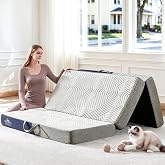 Lansteen Foldable Mattress Queen Size, 6 Inch Folding Mattress/Topper, Soft Breathable Fabric, Washable Trifold Memory Foam Mattress, All-Season Portable Floor Bed for Guest, Yoga, Camping