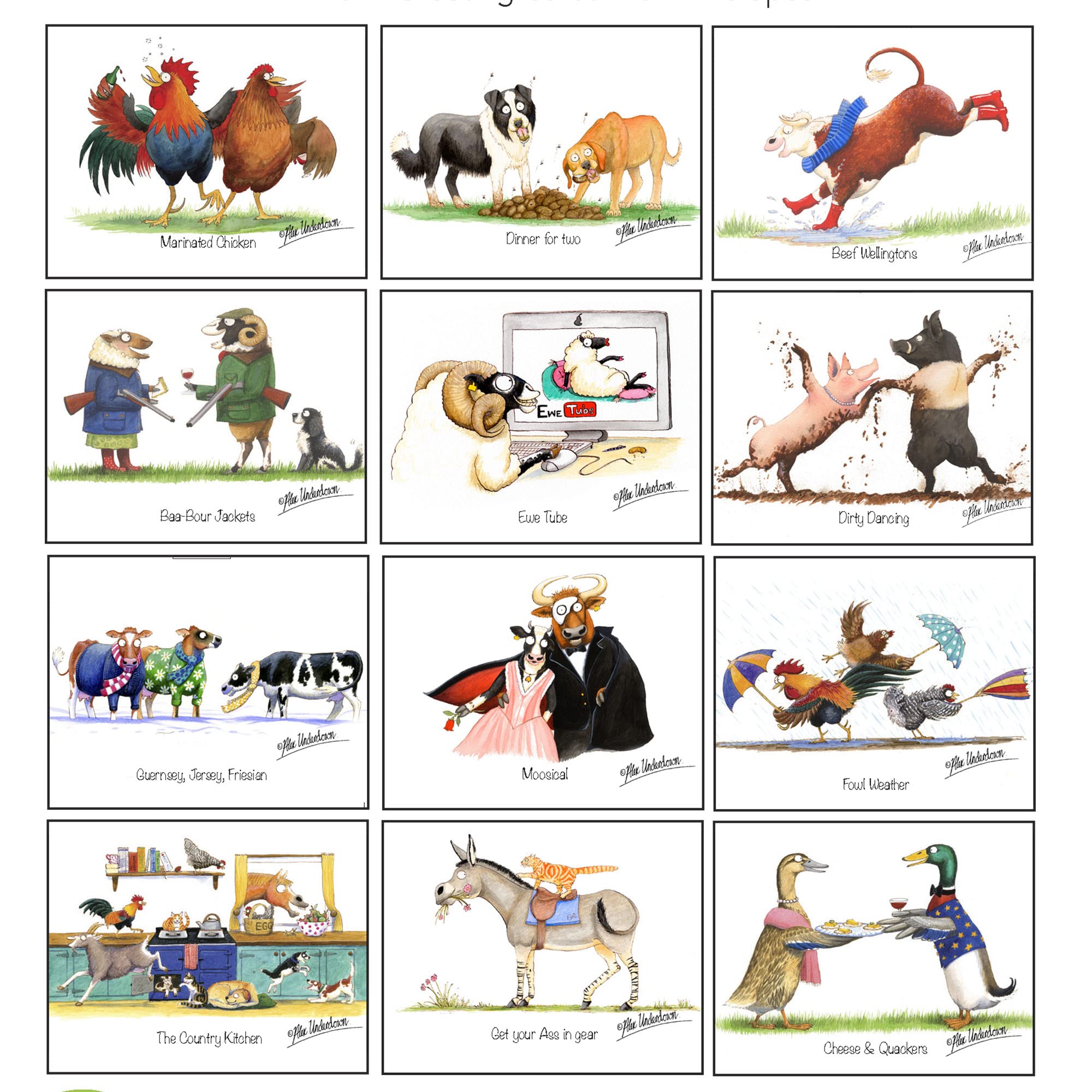 Alex Underdown Farm animal greeting card multipack featuring 12 fun cartoons