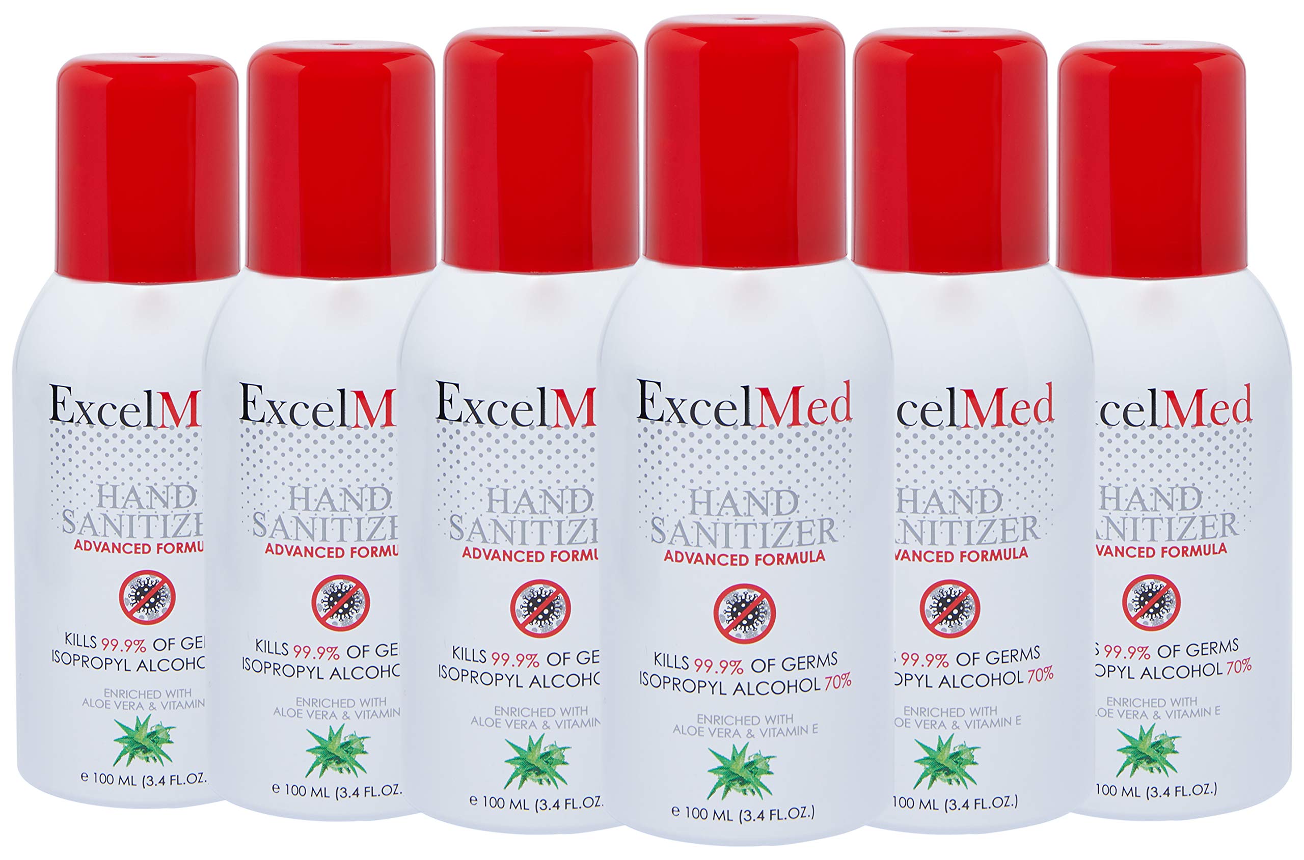ExcelMedHand Sanitizer Spray 100ml (Package of 6), Aloe Vera + Vitamin E, Packages of 1,3,6,12 Available