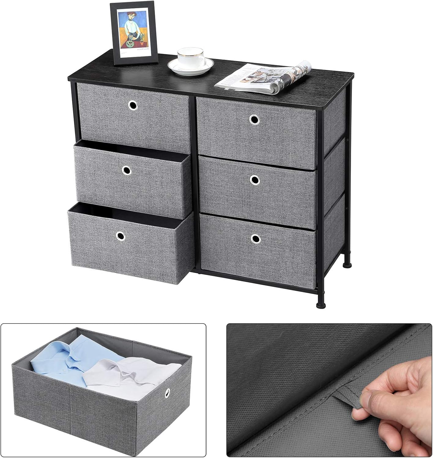 SONGMICS 3-Tier Wide Dresser, Storage Unit with 6 Easy Pull Fabric Drawers, Metal Frame, and Wooden Tabletop, for Closet, Nursery, Hallway, 31.5 x 11.8 x 24.8 Inches, Gray ULTS23G: Furniture & Decor