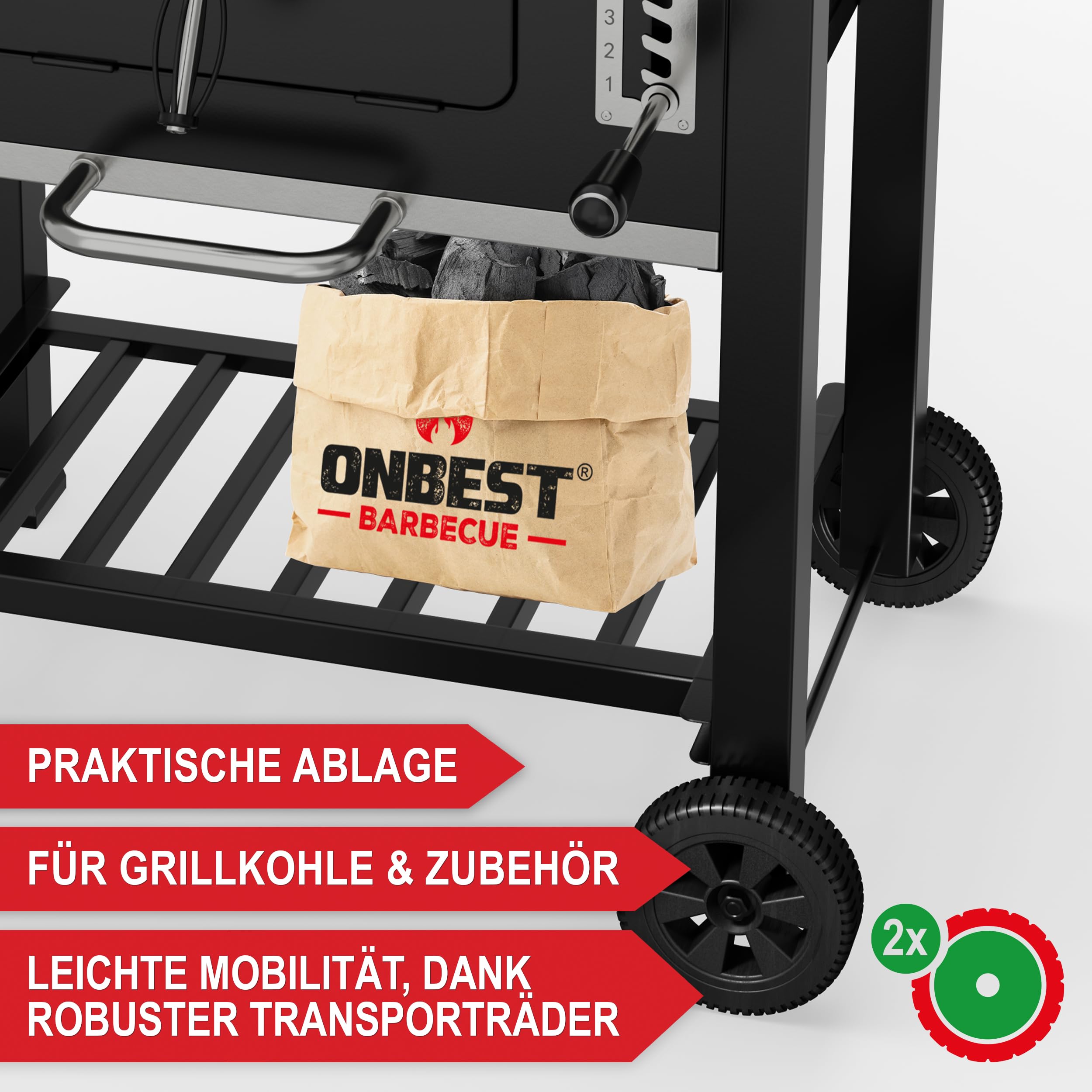 ONBEST Holzkohlegrill mit Grillrost aus Gusseisen – PLUS Abdeckung - XXL BBQ Grill mit Deckel – mobiler Grillwagen mit klappbaren Ablagen – Grillrostverstellung –Thermometer – Flaschenöffner 8