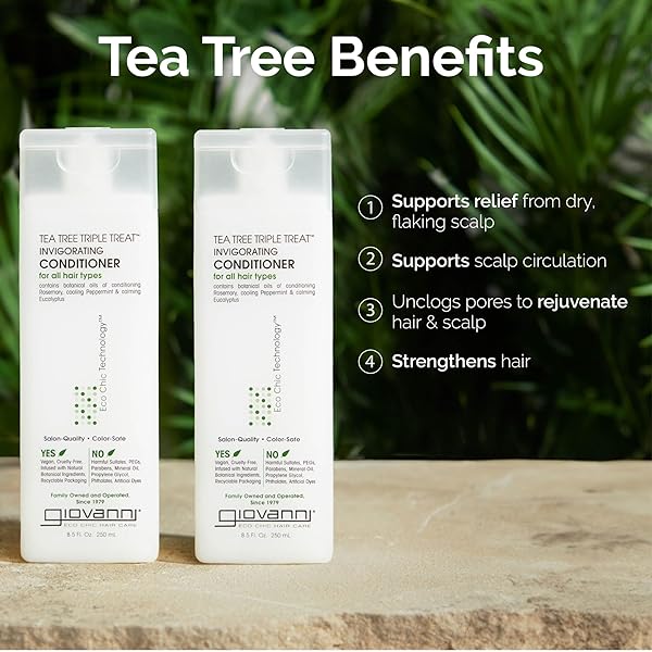 GIOVANNI TEA TREE TRIPLE TREAT INVIGORATING CONDITIONER – COOLING PEPPERMINT, EUCALYPTUS, ROSEMARY, HELPS DRY FLAKING SCALP, PARABEN FREE, HELPS TO MOISTURIZE, SMOOTH & DETANGLE – 24 OZ (1 PACK)