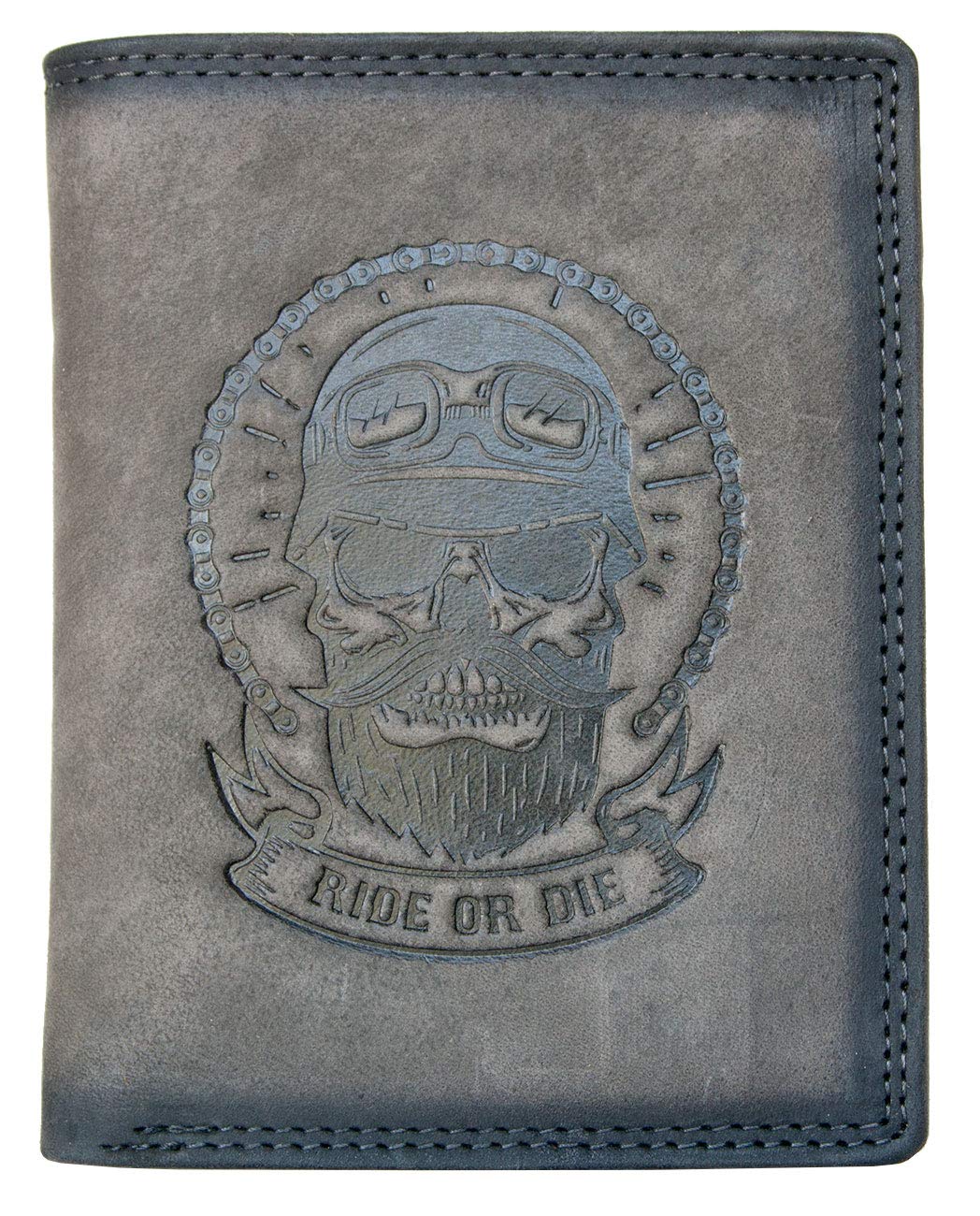 FLW Grey Genuine Leather Wallet Ride or die with RFID (Data Protection) - Biker's Head Emboss
