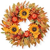 MAINGKAUNG Artificial Fall Wreath 24 Inch Fall Wreaths for Front Door | Grapevine Base Autumn Wreath with Orange Pumpkins Berries Maple Leaves for Thanksgiving Harvest Festival Celebrations
