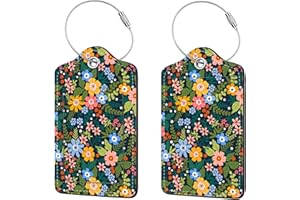 ANIKATHY 2 Pcs Luggage Tags for Suitcase, Cute Unique PU Leather Travel Bag Tag with Privacy Cover ID Label Address Card and Durable Metal Ring Suitable for Men Women Children Backpack,Flower