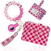 Sunpour Wallet Keychain Wristlet,Airtag Wristlet Wallet for Women RFID Credit Card Holder with boho beaded Cute Key Chains for Women(checkered pink)