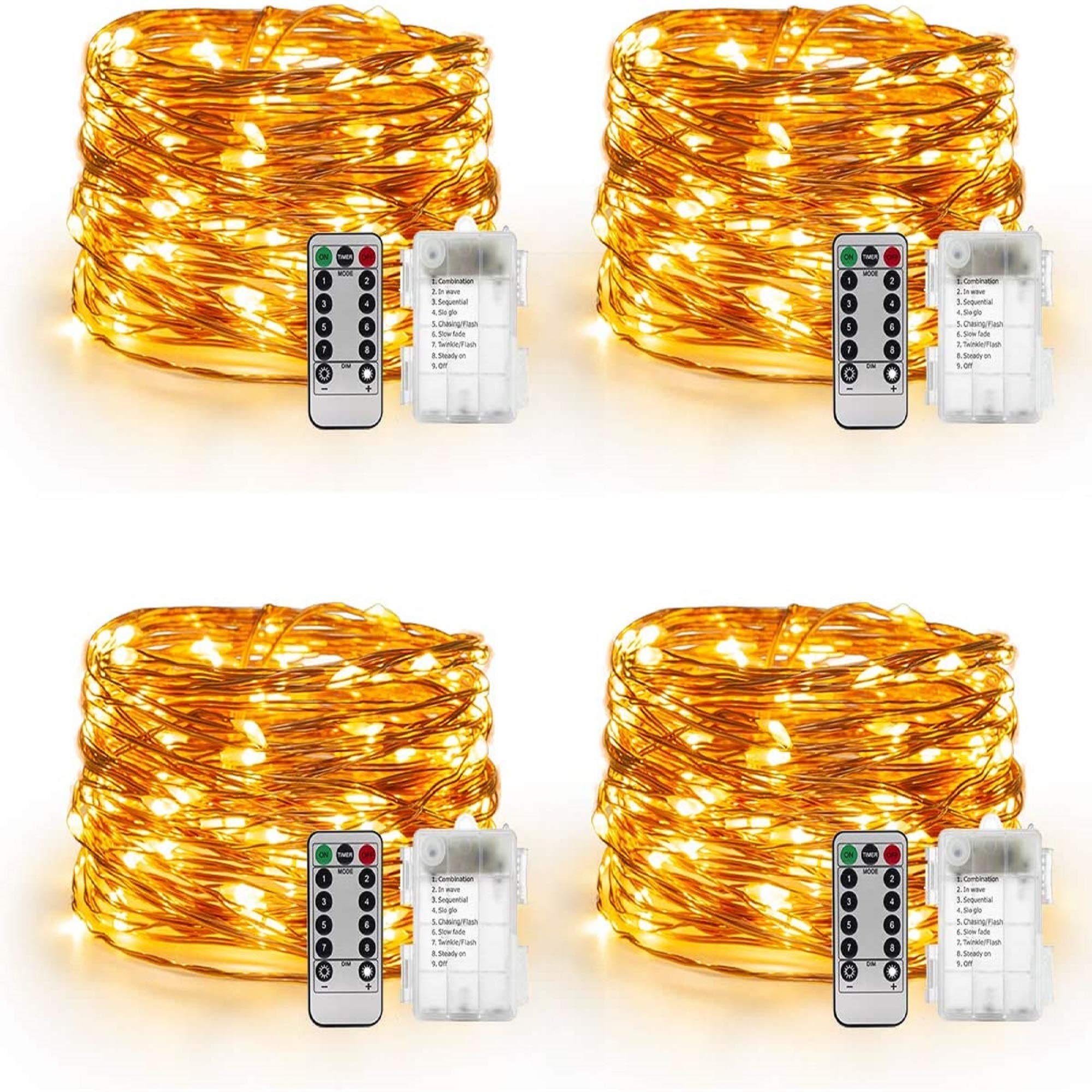YIHONG 4 Set Fairy Lights Battery Operated - 16.4ft Led Christmas String Lights 8 Modes 50 LED Starry Lights - Copper Wire Firefly Lights for Wedding Birthday Party Christmas Decoration- Warm White