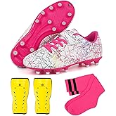 brooman Kids Firm Ground Soccer Cleats Girls Football Cleats with Shin Guards and Soccer Socks