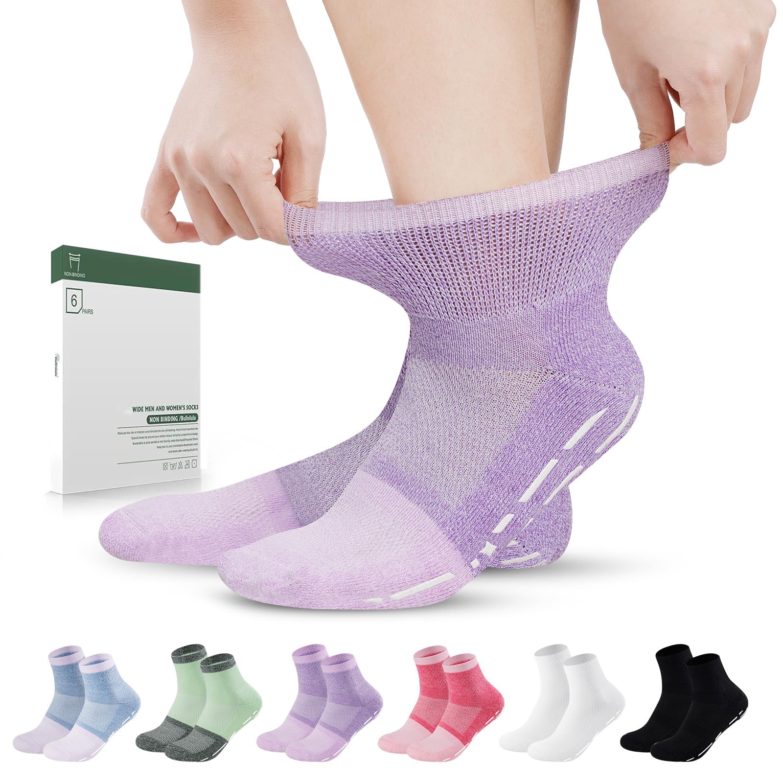 Photo 1 of Bulinlulu Diabetic Socks with Grippers for Men Women -6 Pairs Non Binding Diabetic Ankle Slipper Socks Size 6-9 9-12(Bright-Large)