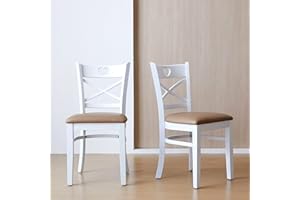Livinia Heart X-Back Dining Chair Set of 2, Solid Malaysian Oak PU Leather Upholstered Cushion Seat Wooden Cross Back Side Chairs (White)