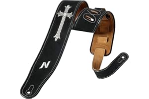Nefelibata Guitar Strap with Crucifixion Embroidery, 2.7" Wide Double Layer Bavarian Tumbled Cowhide Guitar Strap with Foam Padding for Kids, Male and Female, Acoustic, Bass and Electric Guitars