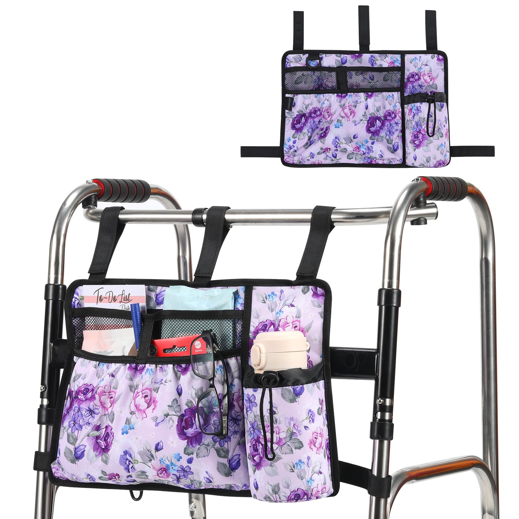 Photo 1 of Walker Accessories for Folding Bag Walker Seniors Organizer Storage Pouch Cup Holder Carry with Pockets Detachable -Purple Flower