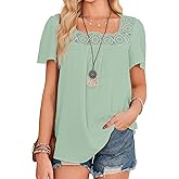 Falechay Womens Tops 2025 Boho Blouses Short Sleeve Flowy Square Neck Casual Peasant Summer Floral Lace Hem Textured Shirts