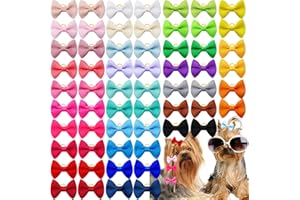 SENNIEA 100Pcs(50 Pairs) Soft Dog Bow with Rubber Bands Solid Color Dog Bowknot Hair Bow Handmade Topknot Bows for Doggie Puppy Cat Bunny Yorkie Pet Hair Grooming Bows (Mix-Solid 30 Colors)