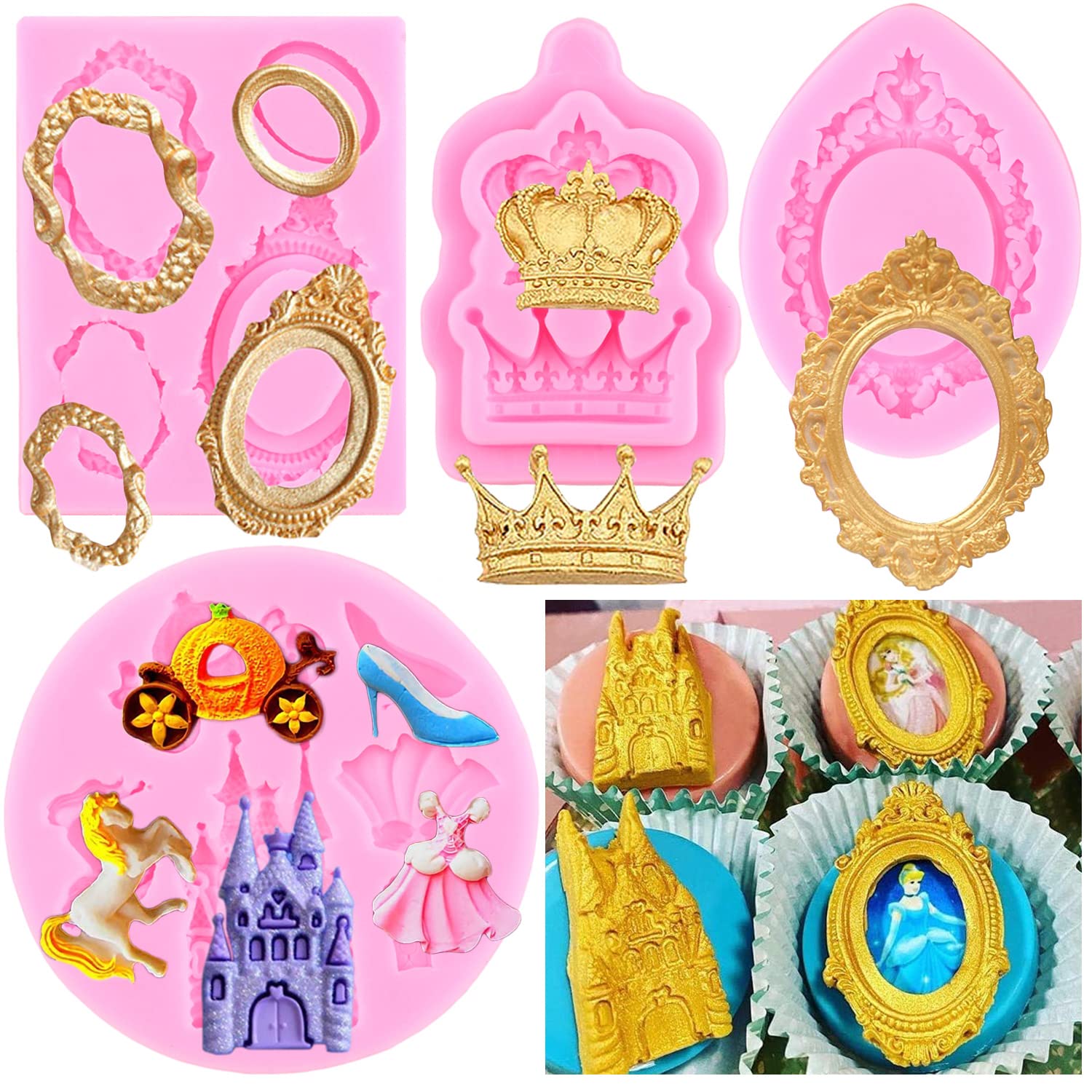 RFGHAC Picture Frames Silicone Mould Cinderella Fondant Mould Baroque Photo Frame Crown Castle Princess Dress Crystal Shoes Moulds For Cake Decoration Cupcake Topper Candy Chocolate Gum Paste Set Of 4