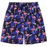 ZAFUL Mens Swim Trunks with Compression Liner Stretch Beach Shorts Quick Dry with Pockets Board Shorts Blue-Pink Flamingo M
