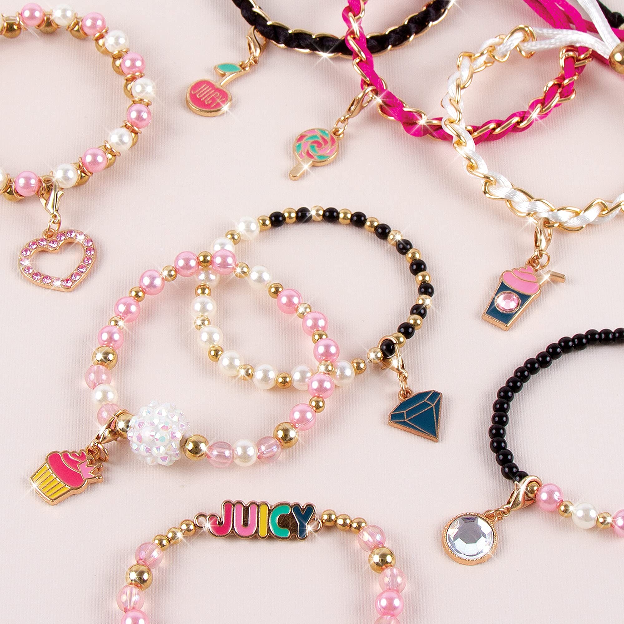Make It Real Juicy Couture Pink and Precious Bracelets - DIY Charm Bracelet Making Kit - Friendship Bracelet Kit with Charms, Beads & Cords - Arts & Crafts Bead Kit for Girls - Makes 8 Bracelets