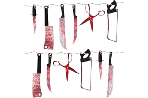 Super Z Outlet 7.5 ft Long Paper Bloody Splatter Halloween Horror Scary Metallic Butcher Knife Chainsaw Weapon Killer Tools Garland Party Decoration Haunted House Banner