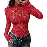 BTFBM Mesh Long Sleeve Tops for Women Lace Sexy Sheer Tight See Through Crew Neck Spring Fall 2026 Party Club Outfits