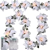 Zubebe 2 Pcs Prelit Poinsettia Christmas Garland with String Lights Glitter Holly Leaves Berries Remote Timer 8 Modes 6.5 ft Lighted Flower Garland Battery Operated Indoor Outdoor Decor(White)