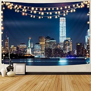 KYKU New York Tapestry Wall Hanging Decor City Tapestry for Bedroom Aesthetic Night Neon Landscape Art Living Room Wall College Dorm Room Cool Modern Posters (51.2