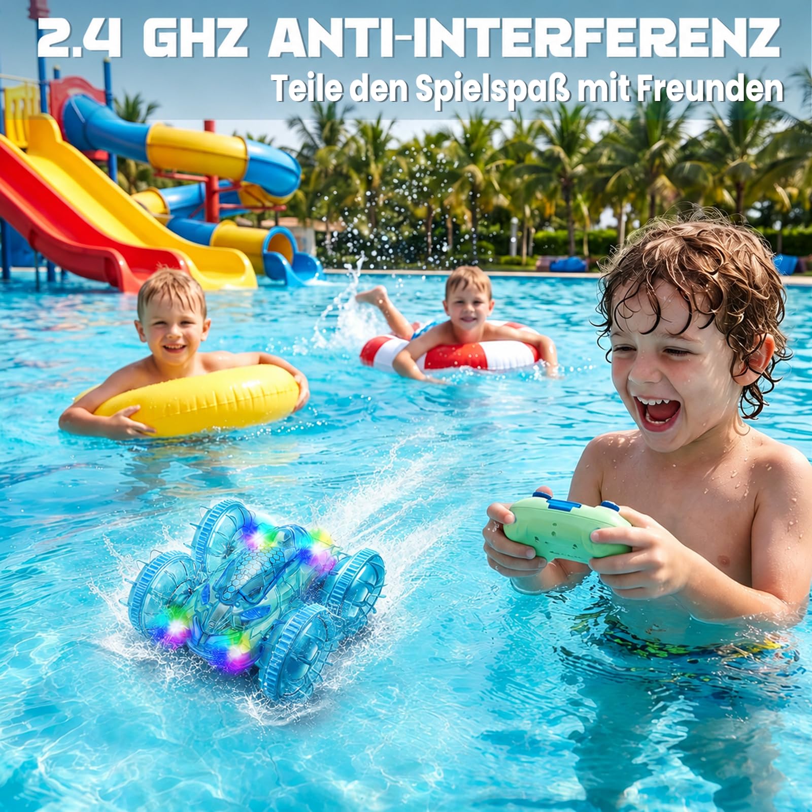 Morofme Amphibienfahrzeug Ferngesteuert Auto, 2.4GHz Ferngesteuertes Auto Kinder, 4WD 360° Stunt RC Car RGB Licht, 90Min Spielzeit Ferngesteuertes Auto ab 4-12 Jahre für Outdoor Pool Strand Spielzeug 6