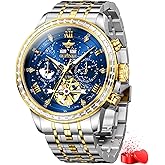 OUPINKE Men's Automatic Self Winding Mechanical Wrist Watch Roman Numeral Scale Male Watch Two Tone Stainless Steel Strap Diamond Luxury Business Luminous Waterproof Watch
