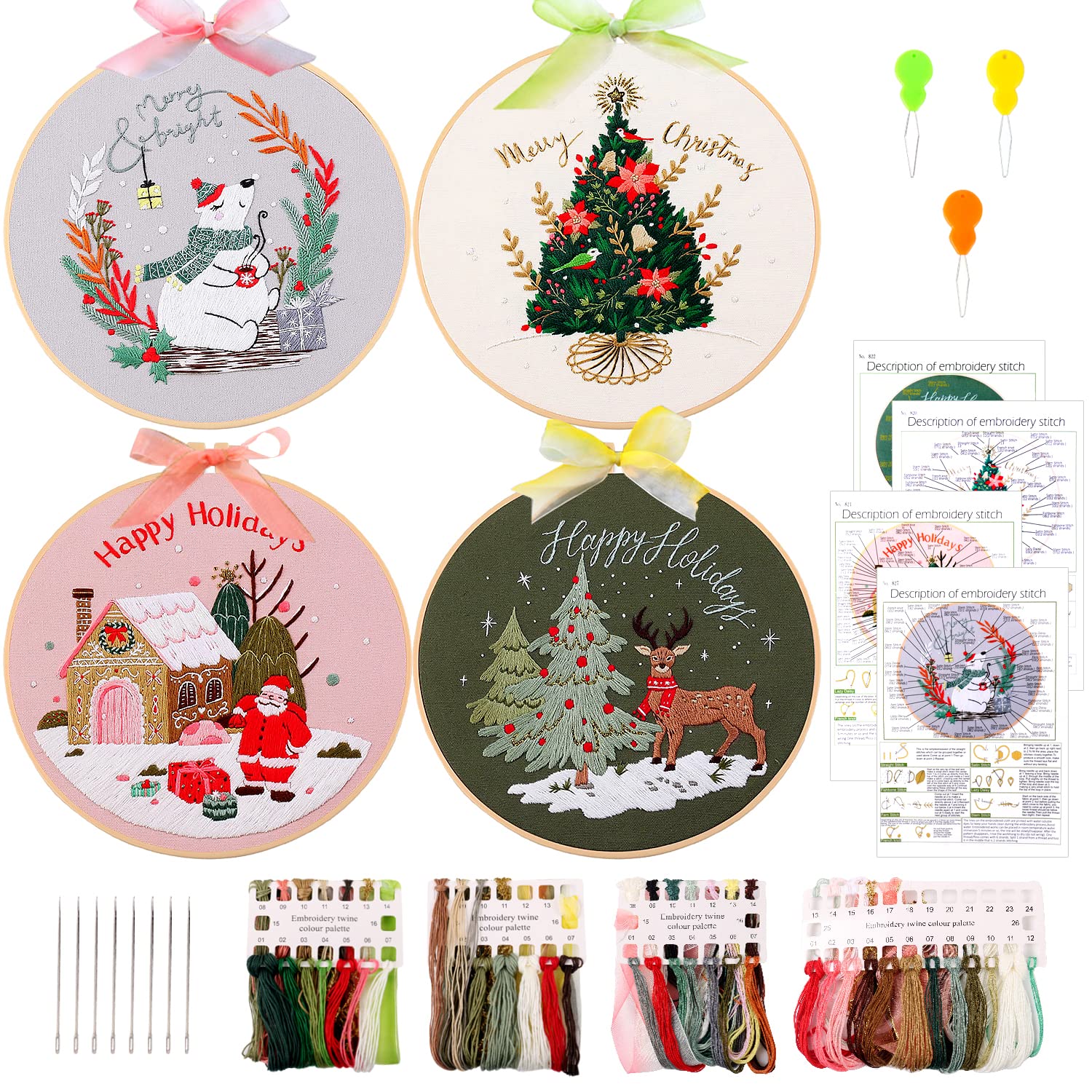 Christmas Embroidery Kit for Beginners Adults, 4 Set Embroidery Starter Kit with Christmas Tree Elk Pattern, Handmade DIY Craft Cross Stitch Kit with Hoops Color Threads Needles and Instructions