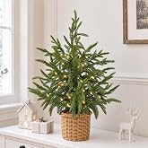 Christmas Decorations - 2FT Pre-Lit Artificial Norfolk Pine Christmas Tree | Xmas Tree with Wicker Basket Mini Tabletop Tree for Home Mantel Shelf Kitchen Party Holiday Decor