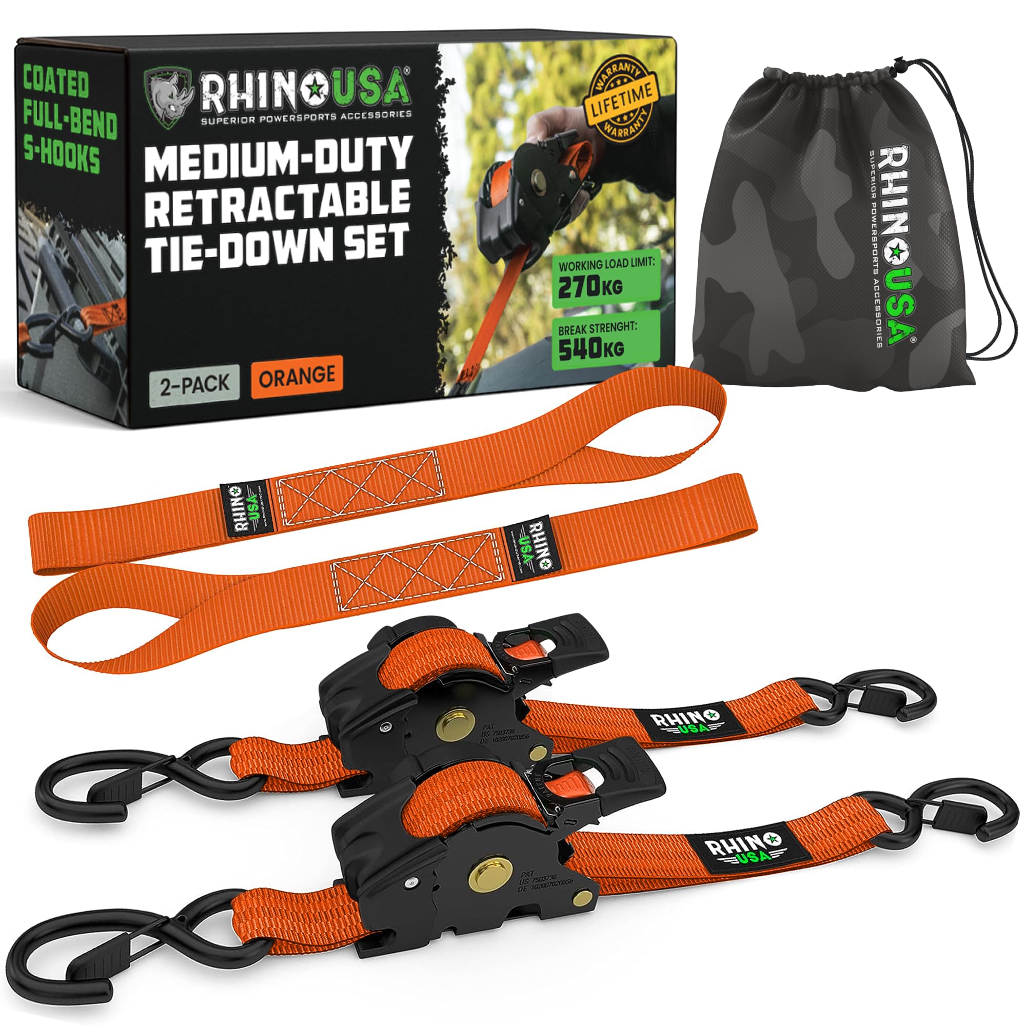 Rhino USA Retractable Ratchet Straps (2-Pack) - 2.5cm x 3m (540kg Break Strength) - Medium Duty Auto Self-Retracting Tie Down Straps for Truck, Cargo Trailer, Motorcycle, Bike & More - Orange